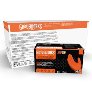 Case and Box of Orange Nitrile Industrial Gloves